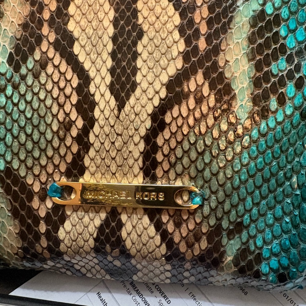 Michael Kors Teal and Natural Python-Print Chain Clutch - Picture 3 of 5